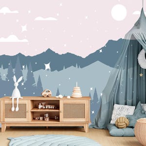 Night Sky Forest Wallpaper, Dreamy Mountain Wall Mural, Starry Sky Peel and Stick Wall Paper for Bedroom or Nursery, Minimalist Nature Decor