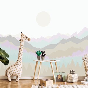 Mountains Wallpaper Nursery Removable Neutral / Pastel Forest Wall Mural Playroom / Wallpaper Mural  / Eco Friendly / Peel & Stick /