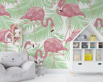 Flamingo Wallpaper for Girl Bedroom Removable.  Pink Tropical Wall Mural Adhesive Pattern Wallpaper Peel and Stick Modern Adhesive Wallpaper