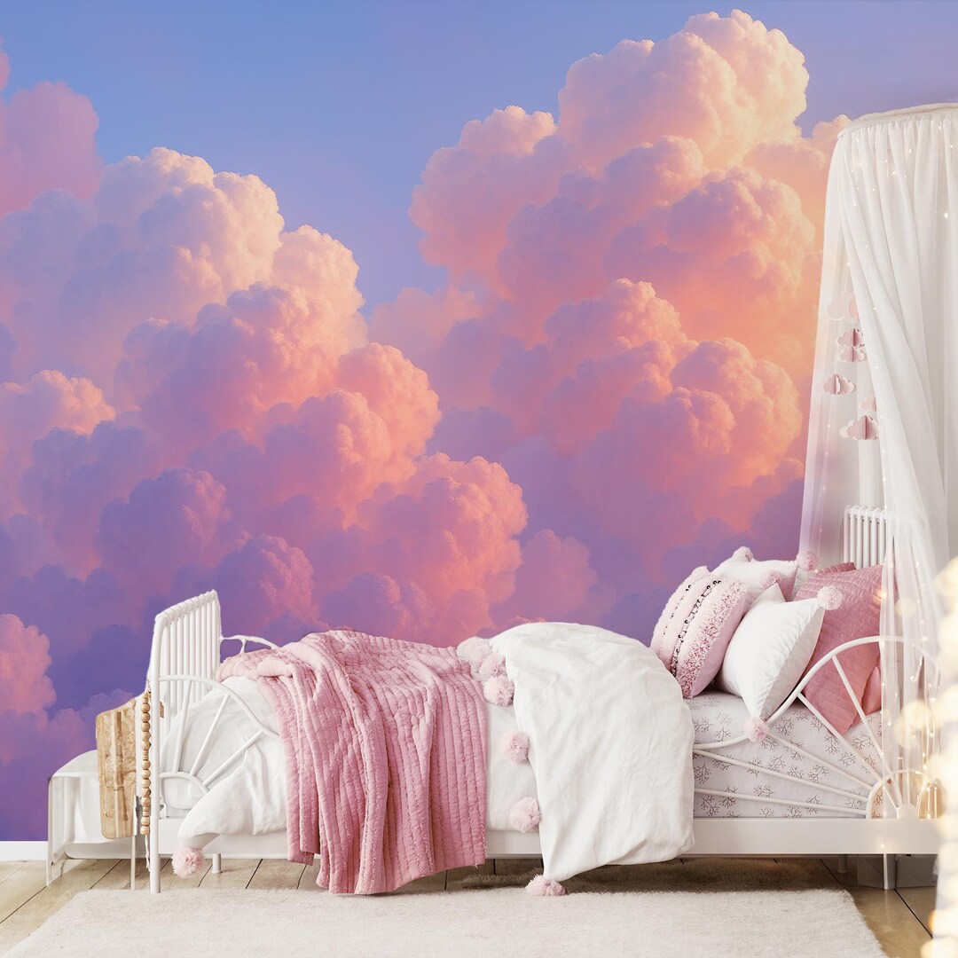 Pink Cloud Wallpaper Mural for Girls Room Decor, Girls Room Wallpaper ...