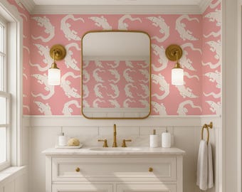 Funky Crocodile Wallpaper, Pink Whimsical Bathroom Wallpaper Removable, Tropical Peel and Stick Maximalist Wallpaper, Dopamine Decor