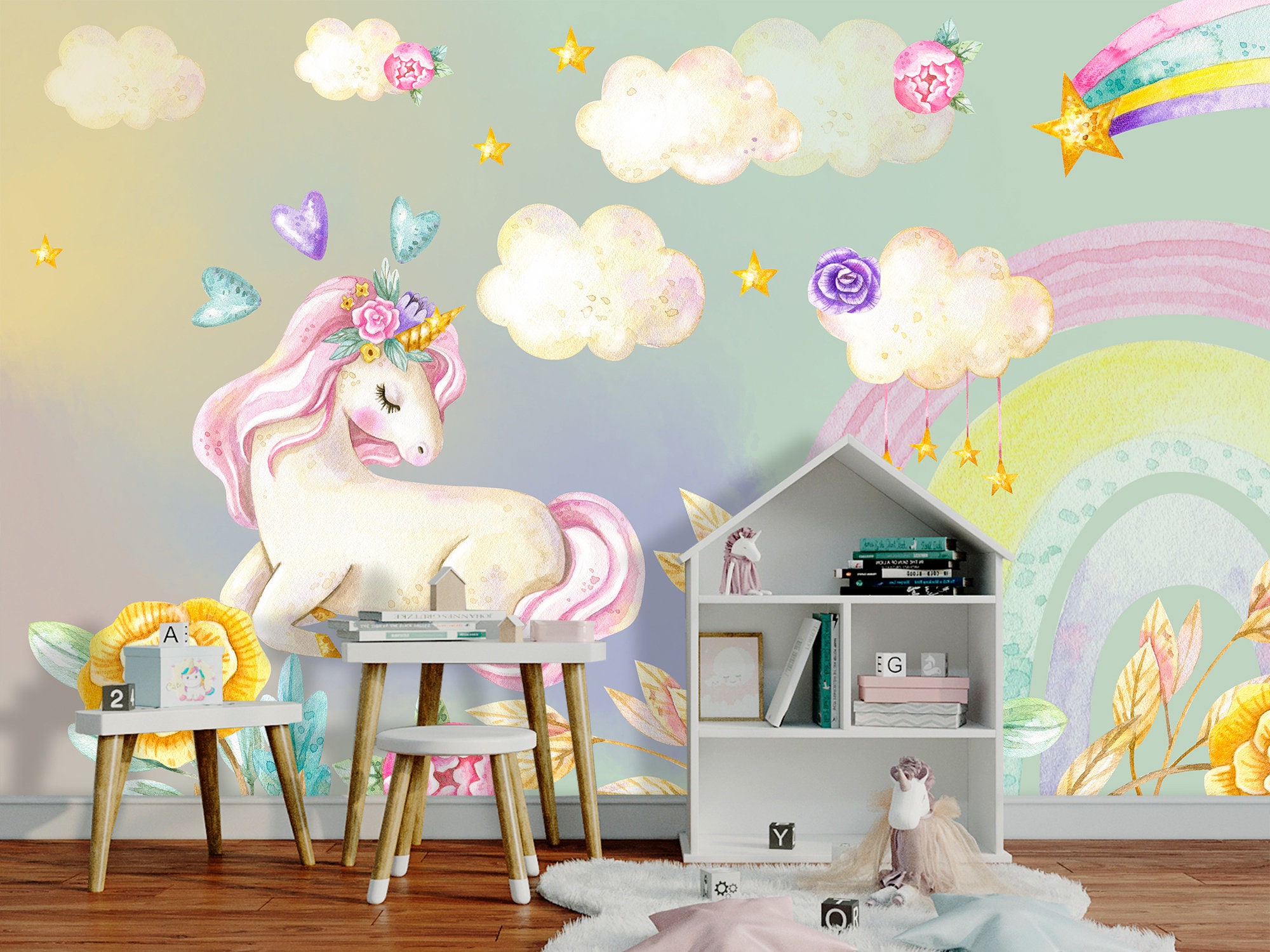 Unicorn Themed Wall Mural Peel & Stick Rainbow Wallpaper with Etsy