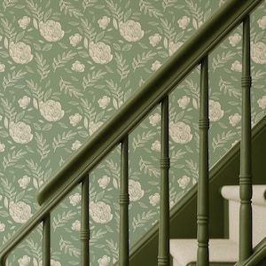 Sage green floral wallpaper, Elegant rustic bedroom wallpaper Peel and Stick, Prepasted Rose wallpaper for Home Decor