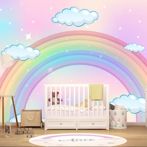 Rainbow Wallpaper Toddler Girl Nursery Removable Unicorn Themed Mural Adhesive Cloud Wallpaper Baby Room Peel & Stick Accent Wall