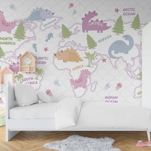 Dinosaur Wallpaper for Toddler Girl Nursery Removable, Jurassic World Map Wall Mural Adhesive, Dino World Wallpaper Playroom Non-Woven