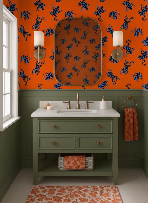 Funky Wallpaper for Bathroom Peel and Stick, Bold Orange Wallpaper with Frog Maximalist Decor, Removable Wallpaper for Eclectic Decor