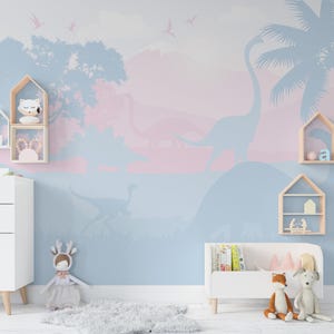 40% OFF Dinosaur Wallpaper Mural for Nursery Soft Pastel Blue Pink, Jurrasic World Large Wall Mural, Peel & Stick Pterodactyl Pink Wallpaper