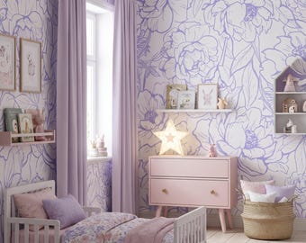 Floral girls room wallpaper peel and stick, Purple wallpaper pastel floral peony wall mural teen girl room decor, Peony Flower wallpaper