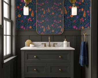 Navy Blue Wallpaper Floral, Cottagecore DIY Wallpaper for Kitchen Bedroom Bathroom, Dark Wildflower Wallpaper Peel and Stick and Traditional