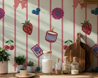 Funky Retro Kitchen Wallpaper, Pink Stripe Kitchen Wallpaper with Cottagecore Fruit & Bows, 1970s Removable Peel and Stick Wallpaper