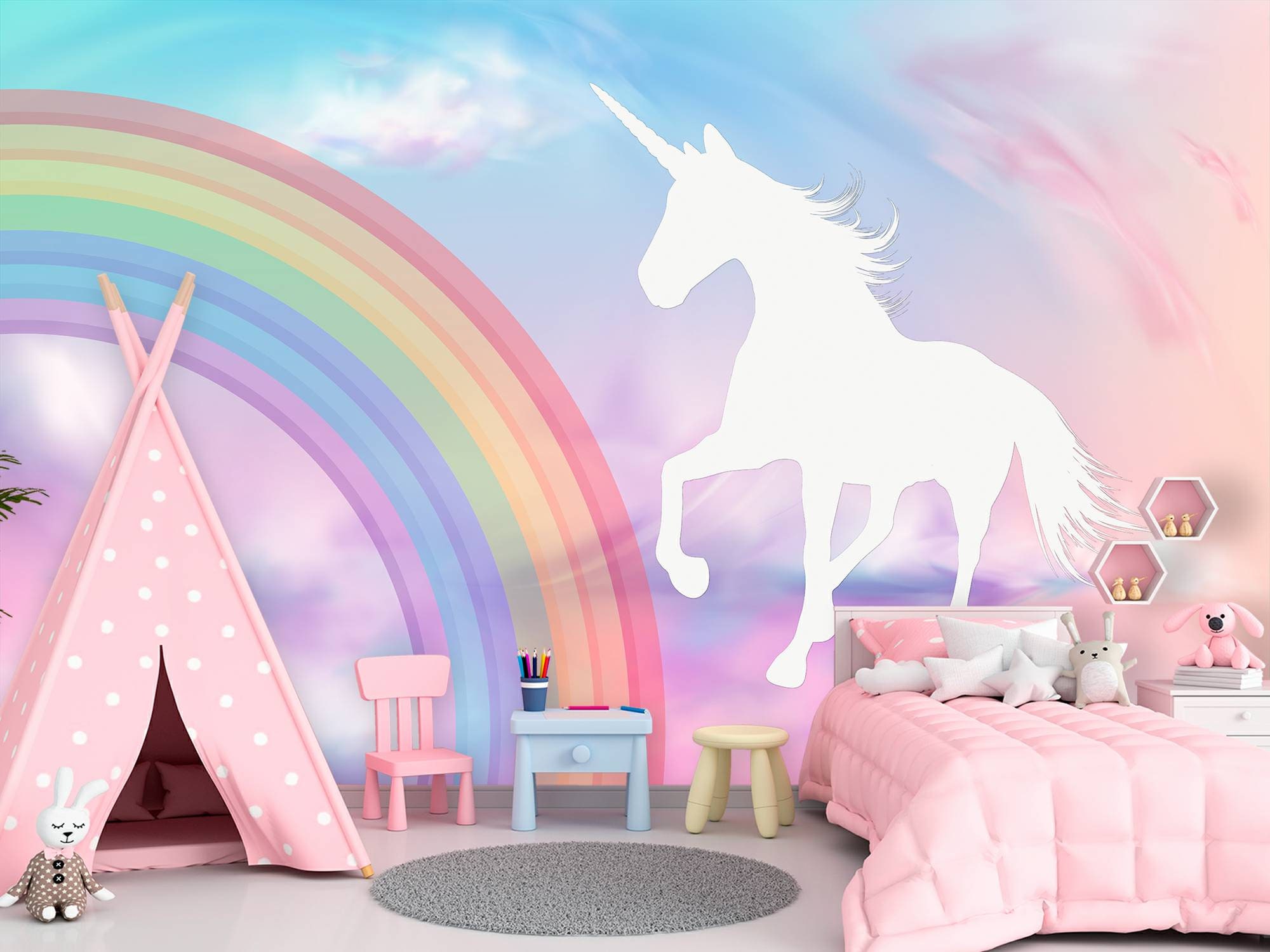 Unicorn Rainbow Wallpaper With Stars Nursery Girl Unicorn Etsy