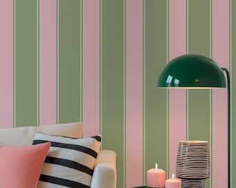 Green and Pink Striped Wallpaper Funky Decor, Colorful Retro Wallpaper for Bedroom or Bathroom Peel and Stick and Traditional Wallpaper