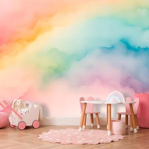 Nursery wallpaper pastel rainbow mural for girl nursery decor, Abstract rainbow peel and stick wallpaper watercolor mural for girls room