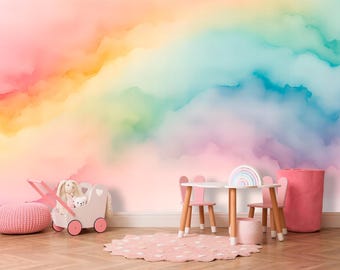 Nursery wallpaper pastel rainbow mural for girl nursery decor, Abstract rainbow peel and stick wallpaper watercolor mural for girls room
