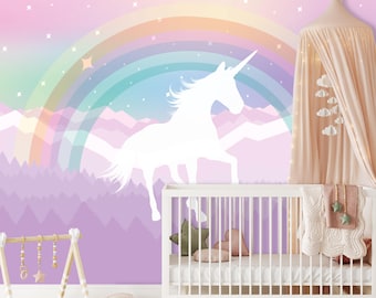 Unicorn Wallpaper Baby Girl Nursery Rainbow Wall Mural, Pastel Wallpaper Unicorn Peel and Stick or Traditional Wallpaper