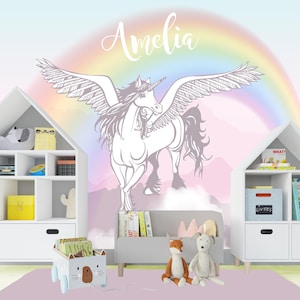 Name Unicorn Wallpaper Mural for Toddler Girl Nursery Removable, Rainbow Wallpaper Pastel Wall Mural Peel & Stick Adhesive Non-Woven