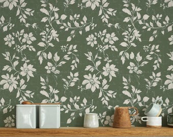 Green Botanical Wallpaper Peel and Stick, Sage Green Floral Wallpaper Removable, Rustic Wallpaper Farmhouse Kitchen Decor, Rustic Home Decor