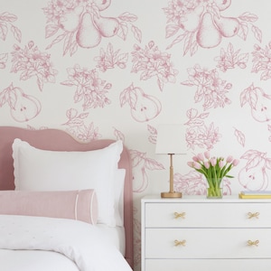 Pink Toile Wallpaper with Pear, Botanical Peel and Stick Mural, Pink Floral Bedroom Wallpaper, Botanical  Garden wallpaper
