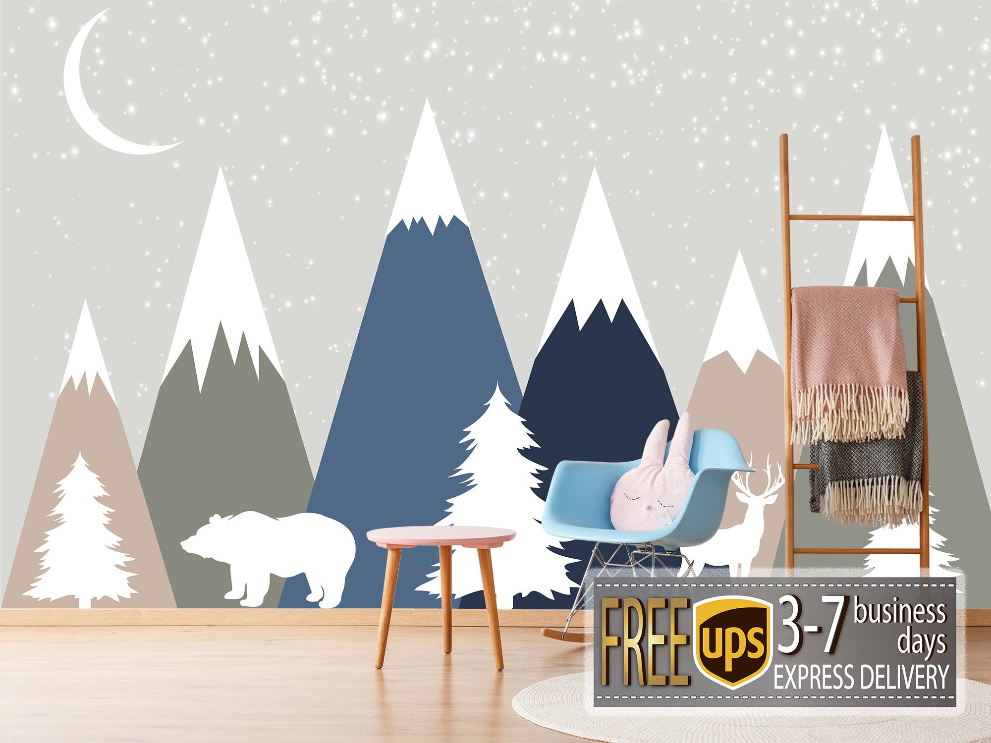 Woodland Animals Wall Mural For Kids. Mountains Wallpaper Etsy