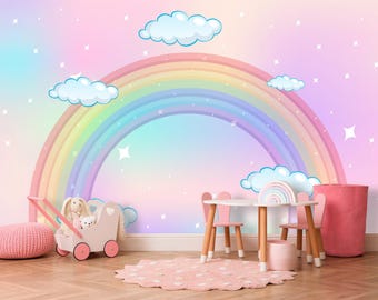 Carta da parati murale arcobaleno staccabile e attaccabile per la cameretta della bambina, decorazione murale arcobaleno pastello per la sala giochi, carta da parati rimovibile
