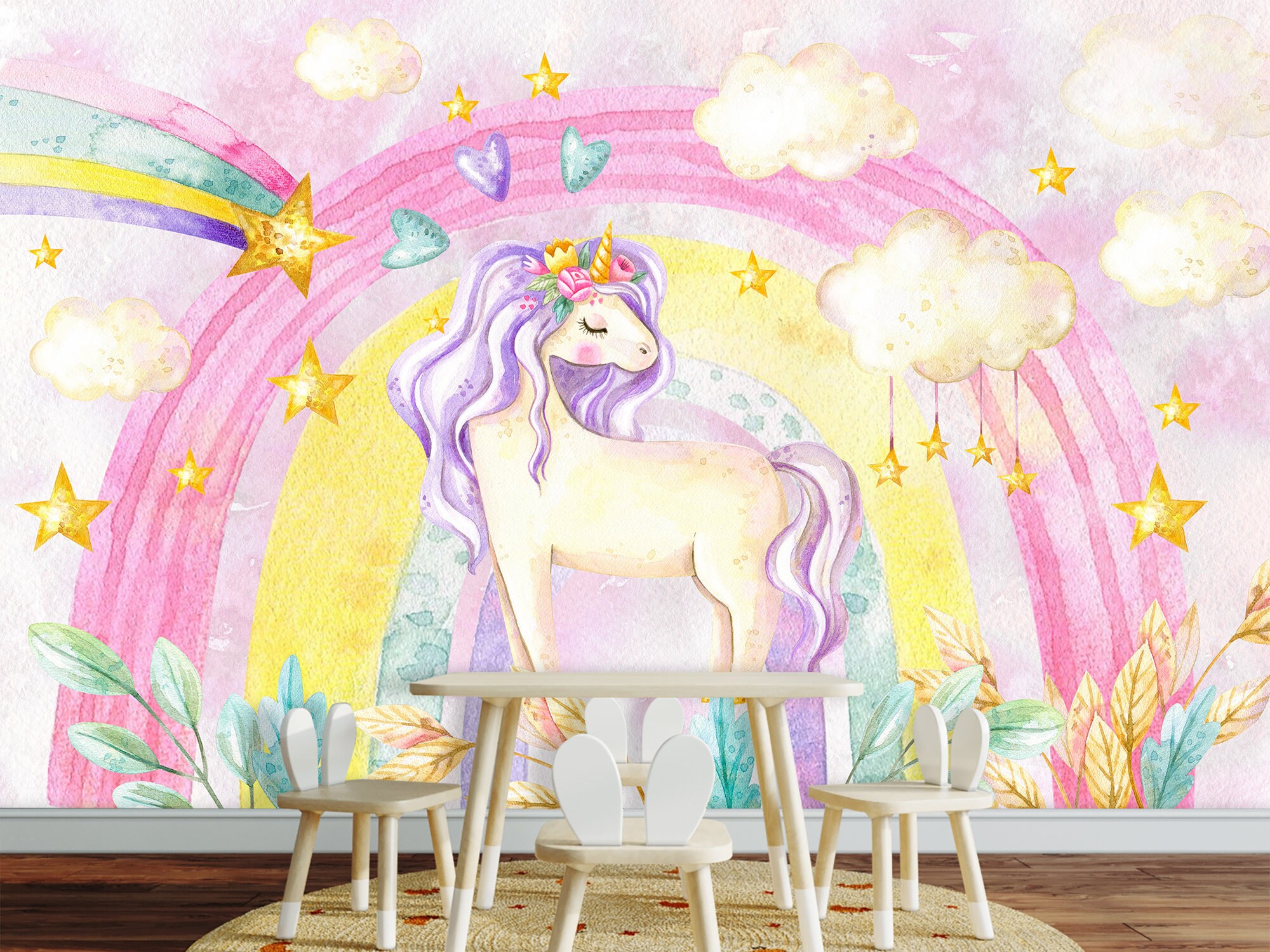 Watercolor Rainbow & Clouds Wallpaper Peel and Stick Unicorn Etsy