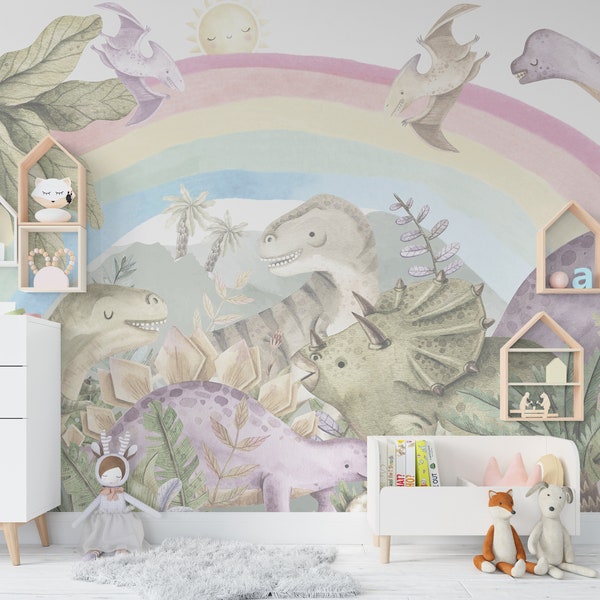 Watercolor Dinosaur Wallpaper for Toddler Nursery Removable, Rainbow Wall Mural, Trex Pterodactyl Wallpaper Dinosaur Decorations Adhesive