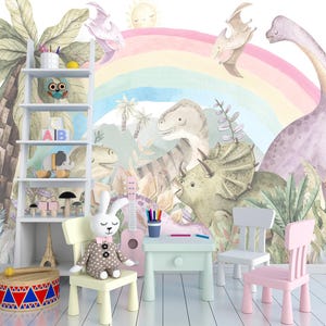 Watercolor Dinosaur Wallpaper for Toddler Nursery Removable, Rainbow Wall Mural, Trex Pterodactyl Wallpaper Dinosaur Decorations Adhesive
