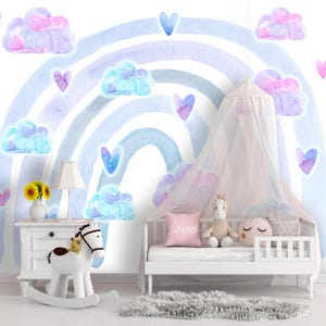Cloud Peel and Stick Wallpaper Baby Nursery, Rainbow Wallpaper Mural Removable, Pastel Girl Playroom Art Blue Wall paper Bedroom Non-Woven