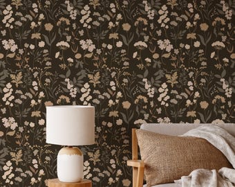 Dark Botanical Wallpaper, Vintage Floral Bedroom Bathroom Wall Decor Removable Peel Stick, Dark Wildflower Black Wallpaper
