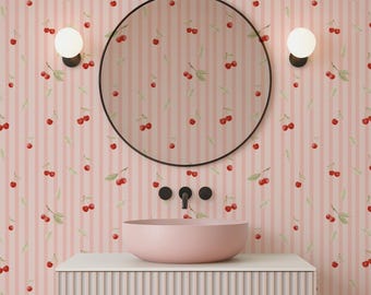 Retro Cherry Wallpaper Pink, Kitchen Wall Decor in 80s Aesthetic Style, Cherry Aesthetic Kitchen Peel and Stick and Traditional Wallpaper