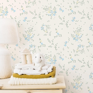 Floral girls room wallpaper, Neutral wallpaper for bedroom or girl nursery decor, Blue floral Peel and Stick and Traditional Wallpaper