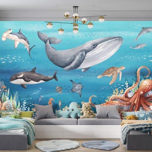 Under the sea wallpaper, sea life wallpaper, Nursery ocean life wallpaper mural Perfect for Playroom decor, Ocean wallpaper peel and stick