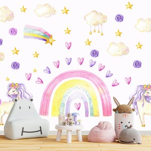 Watercolor Unicorn Wall Decal Nursery Removable.  Rainbow Sticker.  Clouds Wall Decal Baby Girl Bedroom. Unicorn Rainbow for Girls Rooms