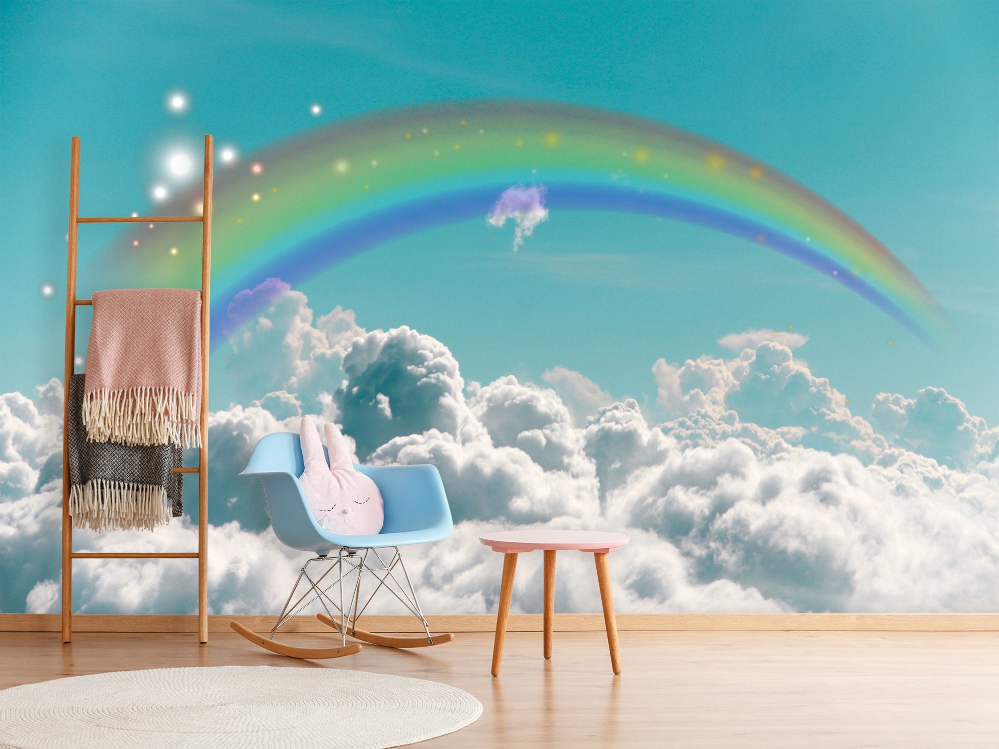 papel pared infantil con arcoiris y cometas - TenVinilo