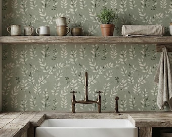 Sage Green Botanical Wallpaper, Rustic Leaf Wallpaper for Kitchen or Bedroom, Farmhouse Nature Inspired Peel and Stick Removable Wallpaper