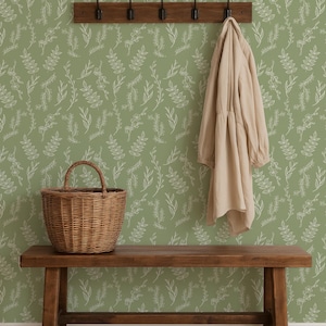 Sage green leaf wallpaper, Floral wallpaper for Nursery or Bedroom, Green neutral Peel and Stick or Traditional Wallpaper