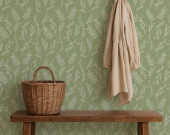 Sage green leaf wallpaper, Floral wallpaper for Nursery or Bedroom, Green neutral Peel and Stick or Traditional Wallpaper