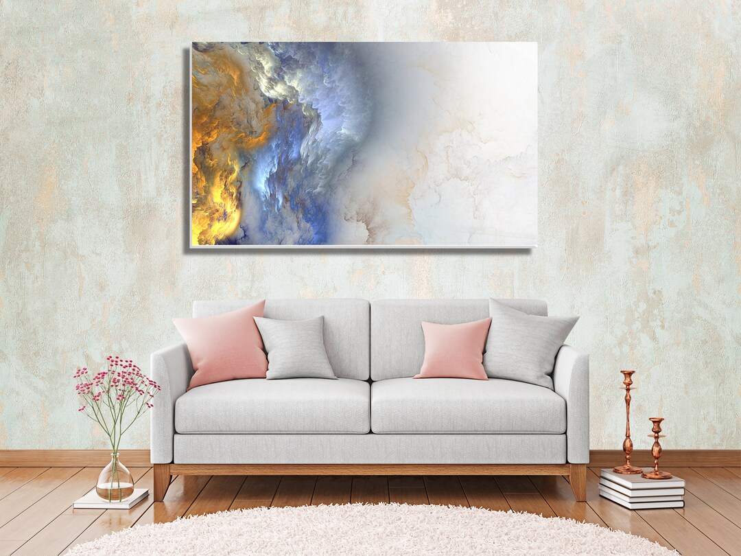 Framed Gold Blue Sky Canvas, Abstract Watercolor Art Decor Wall Decor