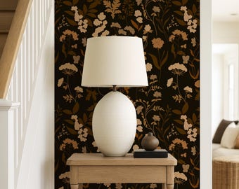 Dark Botanical Wallpaper Boho Style, Dark Floral Wallpaper, Wallpaper Peel and Stick and Traditional, Moody Black Floral Wallpaper