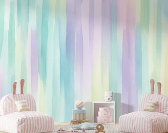 Rainbow Striped wall mural wallpaper, Pastel Rainbow Nursery Wallpaper for playroom decor, Colorful  Wallpaper Removable Abstract Wall Mural