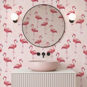 Flamingo wallpaper peel and stick, Tropical wallpaper for bathroom wall decor Removable Funky wallpaper, Coastal wallpaper for girl