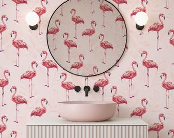 Flamingo wallpaper peel and stick, Tropical wallpaper for bathroom wall decor Removable Funky wallpaper, Coastal wallpaper for girl