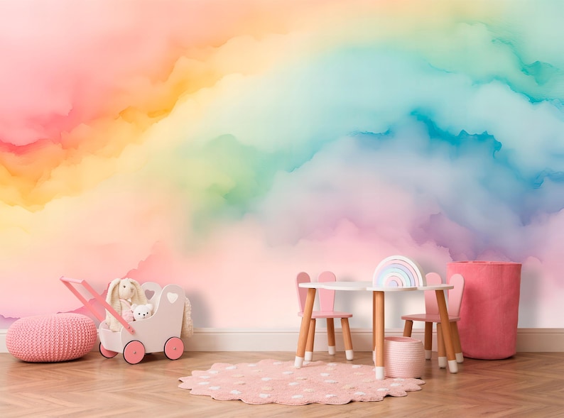 Colorful Wallpaper Peel and Stick Baby Nursery Rainbow Wall paper for Kids Bedroom Removable Color Splash Wallpaper Multicolor Mural Woven image 2