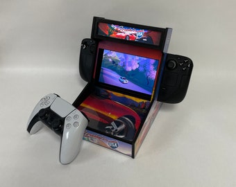 Steam Deck Stand Arcade Cabinet With Backlit Marquee and Storage, Custom Sticker Layouts, Hidden Storage