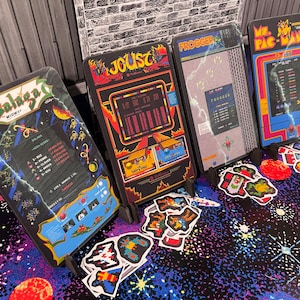 Arcade Birthday Card Wooden with Stand and free stickers, Personalized, Vintage, Gift Idea, Custom Design, Retro style, Galaga Joust Frogger