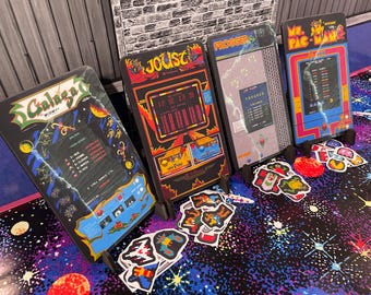 Arcade Birthday Card Wooden with Stand and free stickers, Personalized, Vintage, Gift Idea, Custom Design, Retro style, Galaga Joust Frogger