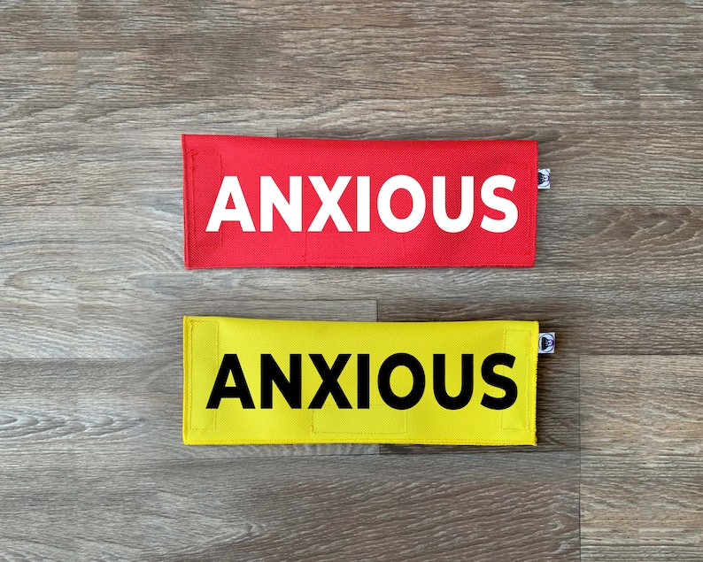 May include: Two fabric patches with the word "ANXIOUS" printed on them. The top patch is red with white text. The bottom patch is yellow with black text.