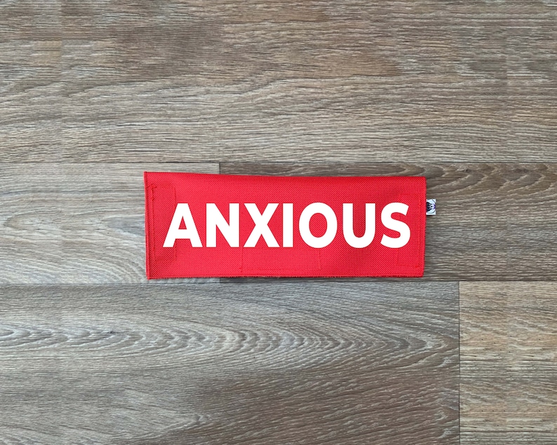 May include: A red fabric pouch with the word "ANXIOUS" printed in white letters.