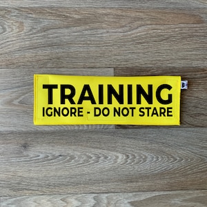 Könnte beinhalten: Gelber Stoff-Hundetrainingspatch mit schwarzem Text, der "TRAINING IGNORE - DO NOT STARE" lautet.
