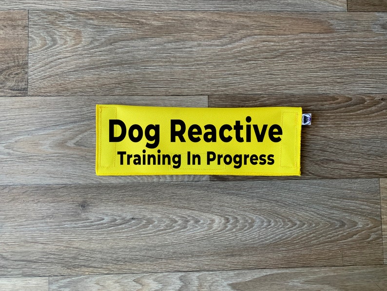 May include: Yellow dog training in progress patch with black text that reads "Dog Reactive Training In Progress".
